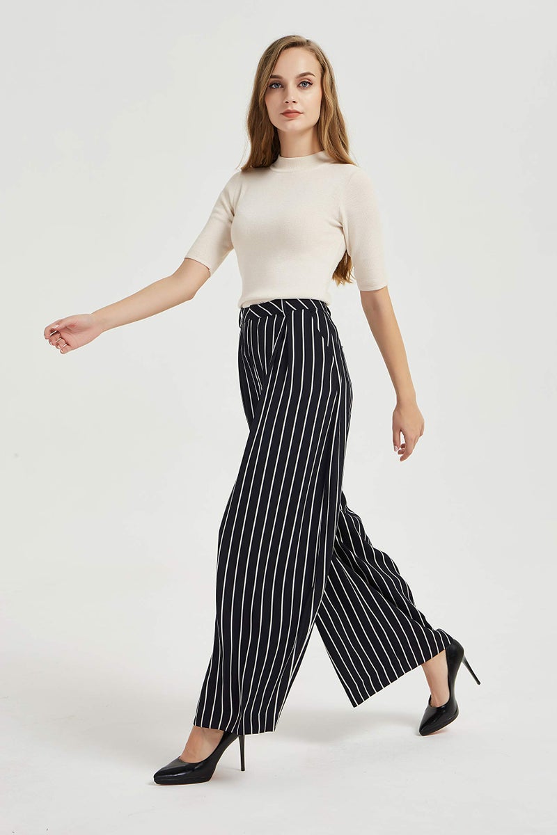 Tronjori Women High Waist Casual Wide Leg Long Palazzo Pants Trousers Regular Size(XL,Black White) - Image 4